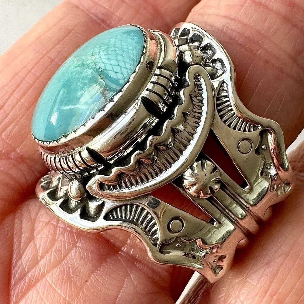 BIG Navajo Mens Turquoise Ring Sz 11 Wide Band Signed Lee Sterling Native Amer